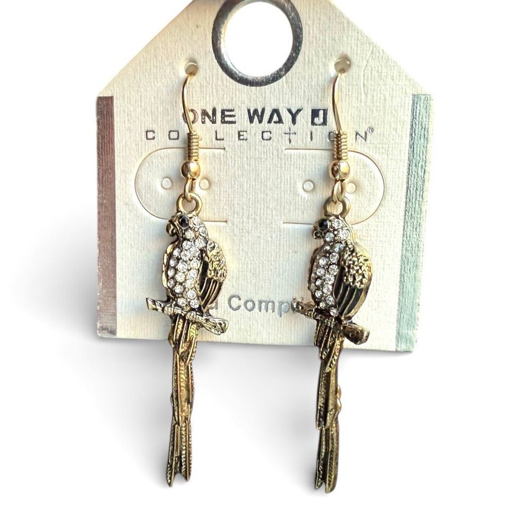 NWT Womens One Way Collection Gold Parrot Rhinestone Bird Dangle Earrings